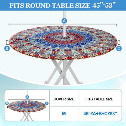 Two Pack Round Outdoor Tablecloths With Umbrella Hole Anti Wrinkle Polyester Hidden Zipper Elastic Edge Fit For 45 To 53 Inch Tables Mandala Design Perfect For Patio Hangouts Camping And Summer Parties