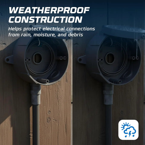 Four Pack Round Outdoor Junction Boxes With Five Half Inch Holes Die Cast Wet Rated Exterior Electrical Box For Weatherproof Power Connections Plugs And Ground Screw Compatibility, installed outdoors
