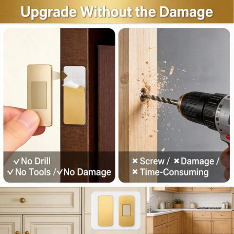 Comparison of Six Pairs Gold Magnetic Cabinet Door Catch Set Stick On No Drill Adhesive with traditional drilling method