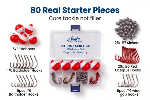 Beginner Fishing Tackle Kit 80 Pcs With Hooks Bobbers Sinkers Circle Octopus Hooks in an 8-grid case