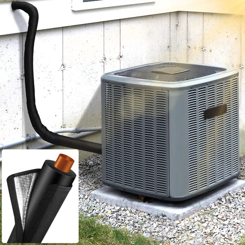 Outdoor Copper Pipe Insulation Cover 72 By 10.2 Inches Heavy Duty Weatherproof Foam Sleeve for AC visible on exterior setup.