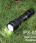 Two Pack Mini LED Flashlights 1000 Lumens 5 Modes Tiny Tactical EDC Torches Pocket Sized for Everyday Carry Super Bright Portable Handheld Lights Model WF 502B Battery Not Included shown on wet grass with light on