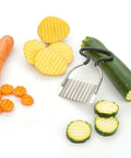Front view of RSVP Endurance crinkle cutter with rubber handle and stainless steel blade for vegetables and fruit