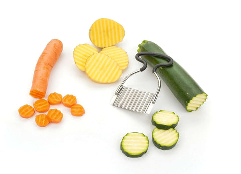 Front view of RSVP Endurance crinkle cutter with rubber handle and stainless steel blade for vegetables and fruit
