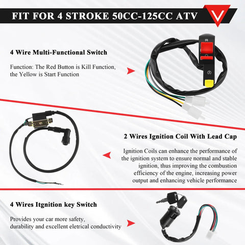 Full Wiring Harness Loom With Solenoid Coil Regulator For 50cc 70cc 90cc 110cc And 125cc Dirt Pit Bikes And Quad ATVs Electric Start Engine Kit With Clear Wiring Diagram Included For Easy Installation And Troubleshooting On Go Karts And Quads