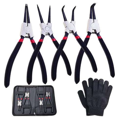 4 Piece 7 Inch Snap Ring Pliers Set With Internal And External Circlip Pliers, Straight And 90 Degree Angled Jaws in tool case