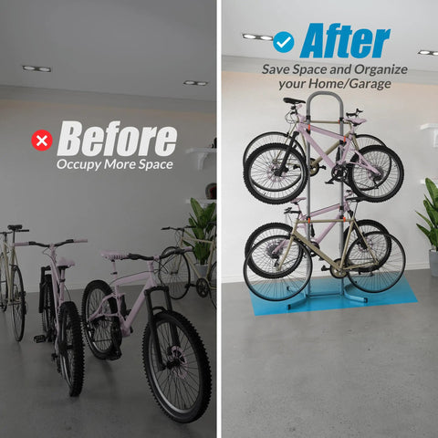 Before and after view showing Grab-And-Go Four Bike Rack For Garage And Home, Freestanding Gravity Bicycle Stand organizing bikes.
