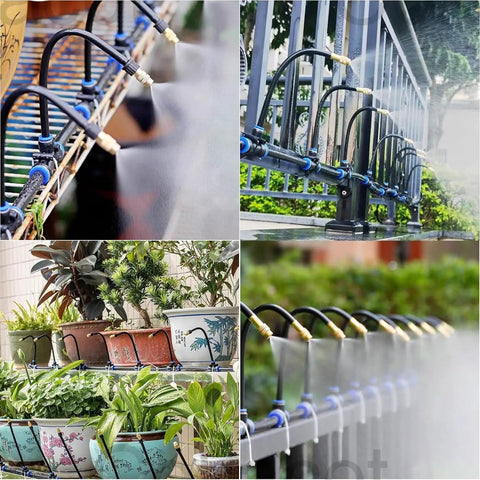 Greenhouse Drip Irrigation Kit With 20 Brass 360 Degree Adjustable Nozzles misting plants outdoors with 65 ft tubing.