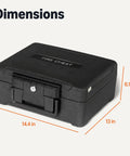 Fire Resistant Waterproof Safe Chest With Mechanical Key, 0.22 Cu Ft, Black, dimensions shown on light background