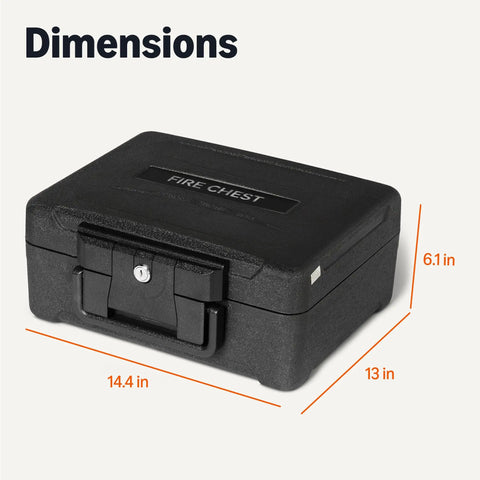 Fire Resistant Waterproof Safe Chest With Mechanical Key, 0.22 Cu Ft, Black, dimensions shown on light background