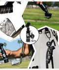 Collage of water powered golf club brush cleaner, retractable clip, nylon bristles, and squeeze bottle in use and on golf bag.