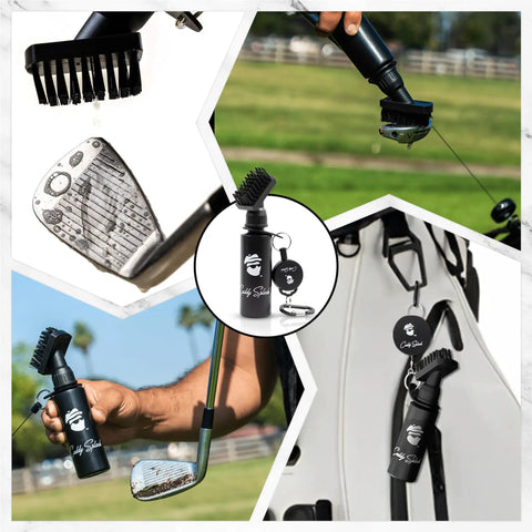 Collage of water powered golf club brush cleaner, retractable clip, nylon bristles, and squeeze bottle in use and on golf bag.