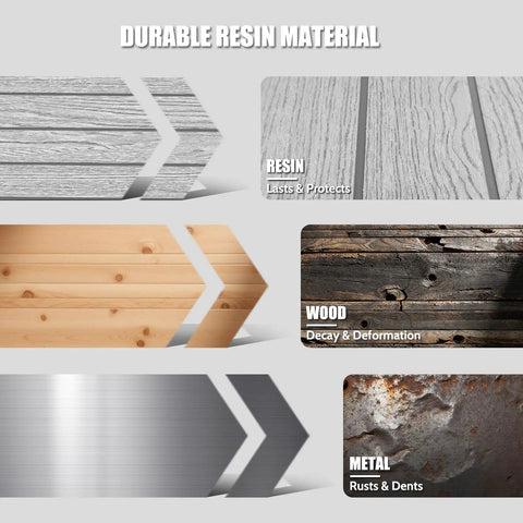 Comparison of durable resin, wood, and metal materials for 6 By 4.4 Ft Backyard Storage Shed with Floor Durable 16mm Resin Construction Weatherproof Lockable Tool Shelter with Window and Vents for Bikes Lawn Gear Garden Tools Gray