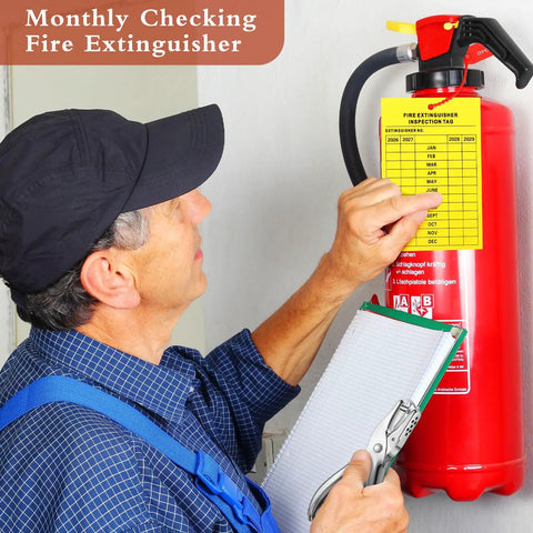 Person checking fire extinguisher with Fire Extinguisher Inspection Tags Kit With 2026 2029 Maintenance Plastic Tamper Seals Fire Extinguisher Pull Pins Security Tags And Handheld Hole Puncher