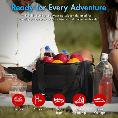 Portable Thermoelectric Cooler Warmer Bag 14 Liters filled with drinks and fruits during a picnic on grass.