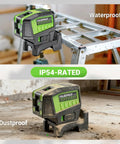 Three Point Self Leveling Laser Level With Plus Mode And 360 Degree Magnetic Base for quick plumb dots alignment, shown waterproof and dustproof.