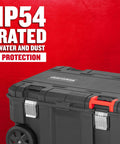 VersaStack 30 Gallon Quick Access Rolling Tool Chest With Half Lid Top, showing IP54 dust and water protection rating on wheels.