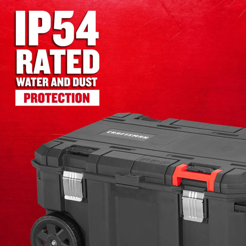 VersaStack 30 Gallon Quick Access Rolling Tool Chest With Half Lid Top, showing IP54 dust and water protection rating on wheels.