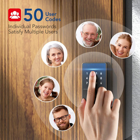 Bluetooth Smart Lock With Keyless Entry And Touchscreen Keypad, Easy Install, App Unlock, 50 User Codes shown on wooden door