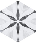 Dope Bardiglio Hex Flower Porcelain Tile 7x8 For Floor And Wall in hexagonal flower pattern with grey veining and medium sheen
