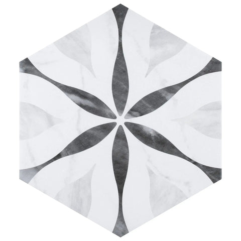 Dope Bardiglio Hex Flower Porcelain Tile 7x8 For Floor And Wall in hexagonal flower pattern with grey veining and medium sheen