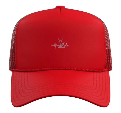 Cool CNC Vise Gauge Trucker Hat With Adjustable Mesh Back Perfect For Machinists And Tool Guys Who Love Precision Gear And Work Hard In Red front view with logo