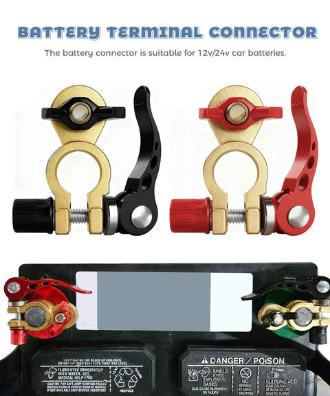 2 Pack Battery Terminal Connectors For Cars And More, Quick Release Brass Cable Ends, red and black terminals with anti-corrosion pad.