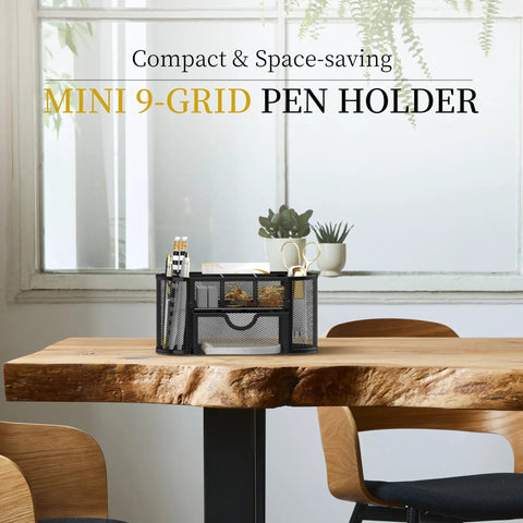 Mesh Desk Organizer With Drawers, 9 Compartments Pencil Holder For Desk on wooden table, fits on desk or shelf, black