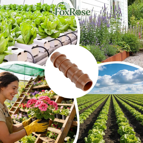 Half Inch Drip Irrigation Barbed Coupling Set, 25 Pack Straight Connectors for Half Inch Tubing, shown with garden scenes