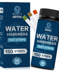 Packaging and bottle of Hard Water Test Strips Kit With Easy Color Chart 150 Strips for Quick Reading 0-425 PPM and 0-25 GPG