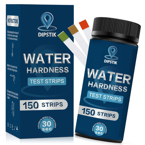 Packaging and bottle of Hard Water Test Strips Kit With Easy Color Chart 150 Strips for Quick Reading 0-425 PPM and 0-25 GPG