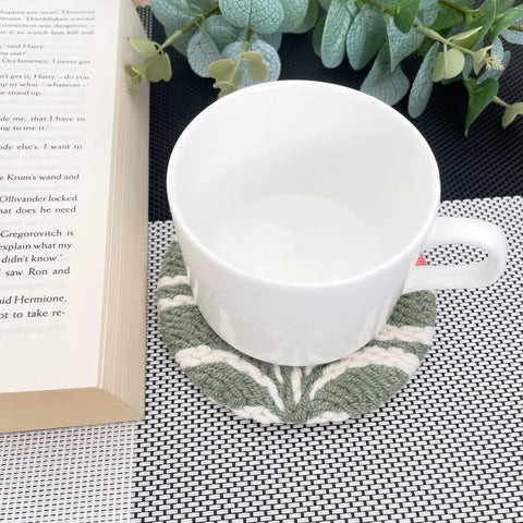 Punch Needle Coaster Kit With 6 Dope Floral Patterns, Complete Tool Set, coaster under white mug on table