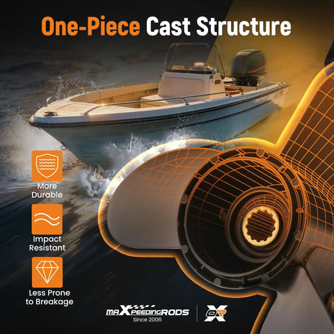 Beefy 14 X 19 Aluminum Boat Propeller With Hub Kit for Mercury 135 to 300 HP Outboards showing one-piece cast structure.
