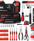 Real Deal 144 Piece Red Home Tool Set With Tough Plastic Carry Case And Essential Household Hardware Kit Featuring tools like a hammer and screwdrivers.