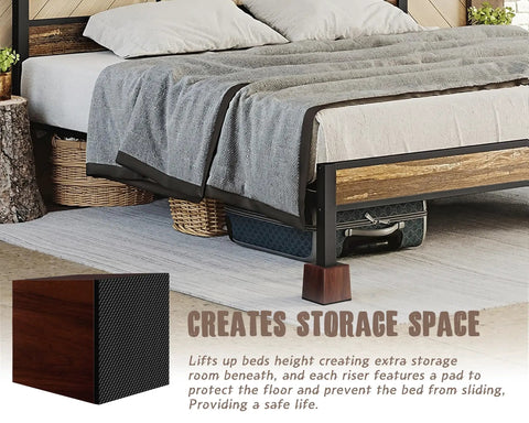 Solid Wood Bed Risers Set Of Four Kick Those Wobbly Legs Up With Heavy Duty Furniture Risers For Couches Chairs And Beds with thick rubber bottoms beneath a raised bed.