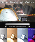 Portable LED Work Light With Solar Power 200W brightens campsite and tent, showcasing stepless dimming modes and various light colors.