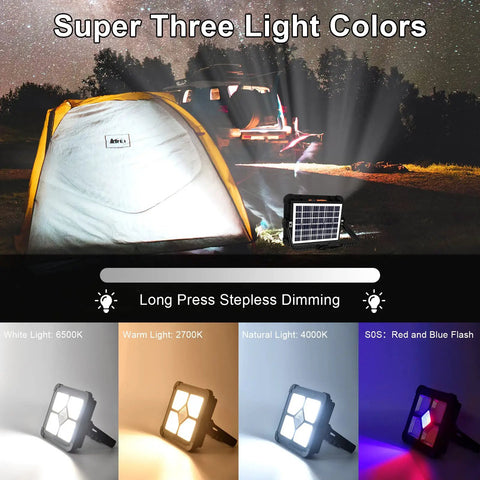Portable LED Work Light With Solar Power 200W brightens campsite and tent, showcasing stepless dimming modes and various light colors.