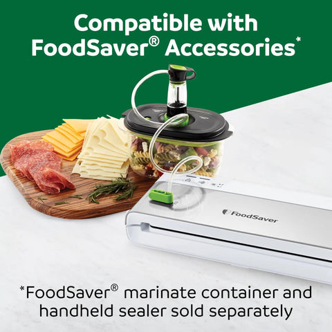 Compact Vacuum Sealer With Airtight Bags And Roll Keeps Food Fresh Up To 5X Longer, shown with marinate container and accessories