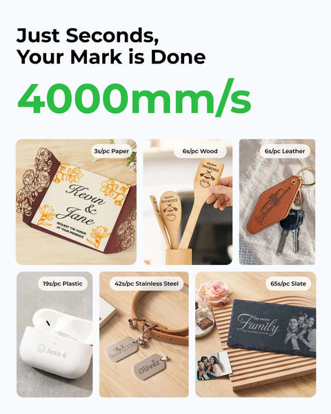 xTool F1 Lite laser engraver collage of six materials: paper, wood, leather, plastic, stainless steel, slate.