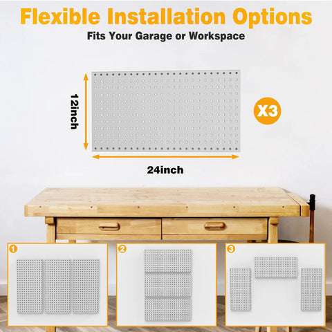 Heavy Duty Metal Pegboard Panels 12 By 24 Inches 3 Pack Grey Wall Mounted Tool Organizer Boards For Garage Workbench Office Keeps Tools Handy And Clutter Free Fits One Quarter Inch Peg Hooks