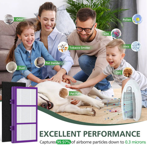 Family enjoying clean air with Performance Plus Replacement Filter Kit For Holmes AER1 HAPF300AP U4 Air Purifier and dog