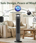Bladeless tower fan with safety features like child lock, fuse plug, and finger-pinch grille for home use, Stay Cool Without The Noise Using This Bladeless Tower Fan Packed With Swift Oscillation And Handy Remote Controls And Rapid Speeds That Truly Slap For Bedroom Chill And Dorm Vibes Or Office Grind Today Black.