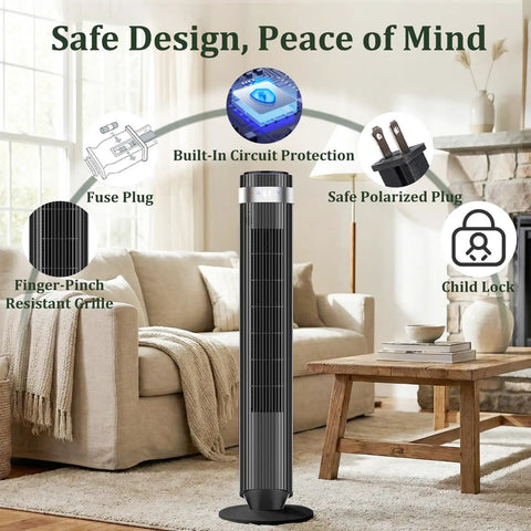 Bladeless tower fan with safety features like child lock, fuse plug, and finger-pinch grille for home use, Stay Cool Without The Noise Using This Bladeless Tower Fan Packed With Swift Oscillation And Handy Remote Controls And Rapid Speeds That Truly Slap For Bedroom Chill And Dorm Vibes Or Office Grind Today Black.