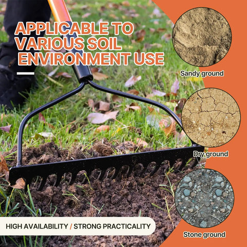 Heavy Duty Garden Bow Rake With 14 Tine And 57 Inch Fiberglass Handle for soil leveling in different ground types