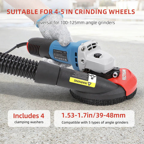 Pro Grade All In One Dust Shroud And Diamond Grinding Cup Wheel Kit attached to angle grinder on concrete surface.