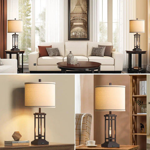 27.5 Inch Tall Farmhouse Table Lamps Set Of 2 With USB C And USB A Charging Ports Rustic Industrial Black End Table Lamps