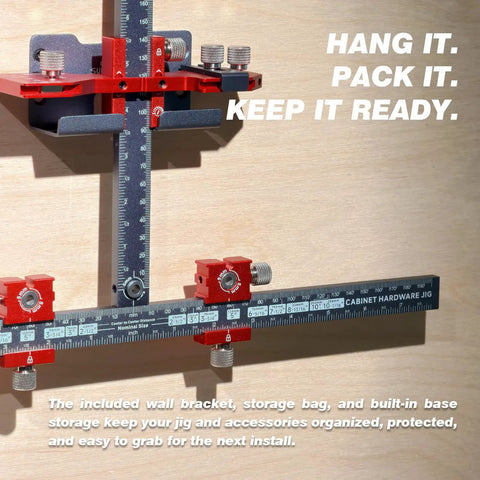 Precision Cabinet Handle Jig With Micro Adjustable Base For Drawer Pull Templates And Hella Smooth Drilling Control, showcasing wall bracket and organized storage.