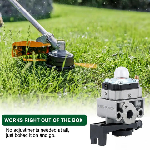 Honda GX35 Carburetor Replacement for GX25 GX25N GX25NT shown with string trimmer in grassy field, highlighting ease of installation.