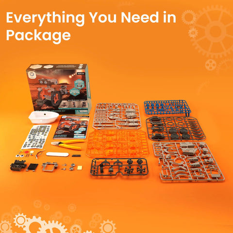 Solar Building Robot Kit 15 In 1 For Kids Ages 8 To 13 A Hands On STEM Gift That Feels Like Cool Tech Learn Solar Power Robotics Engineering And Introductory Coding With This Screen Free Build Kit. parts and box on orange background