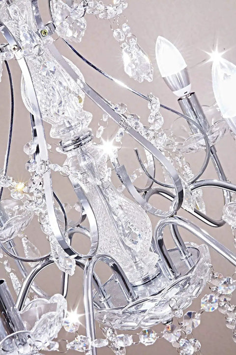 Close-up of 6 Light Crystal Chandelier With Chrome Finish Pendant Lighting For Dining Room Bedroom Living Room Raindrop Style